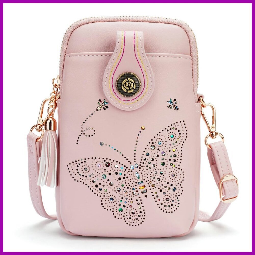 Mini Crossbody Bag with Tassel Shining Butterfly, Lightweight Cell Phone Purse